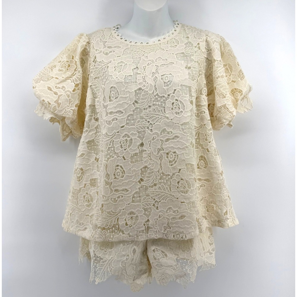 Umgee Lace Top Shorts Set Women SMALL Ivory Puff Sleeve Cottagecore NWT